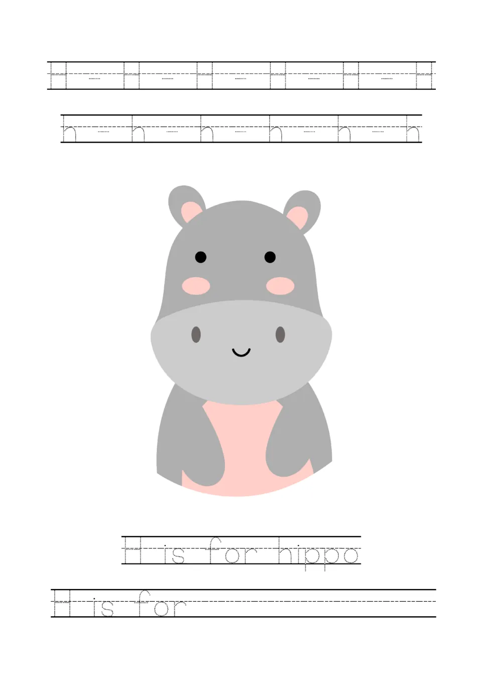 Letter H tracing page: uppercase H, lowercase h, a hippo picture, 'H is for hippo', and an 'H is for' prompt.