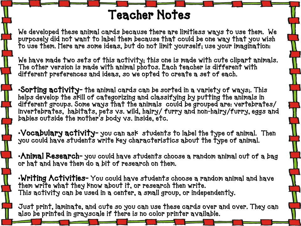 Teacher Notes for the animal cards explain sorting, vocabulary, animal research, and writing activities.