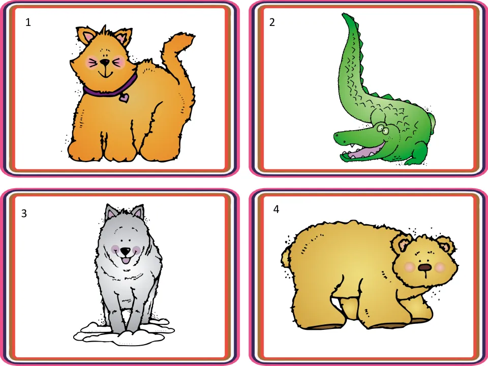 Animal picture cards 1–4 for sorting and vocabulary activities show a cat, an alligator, a wolf, and a bear.