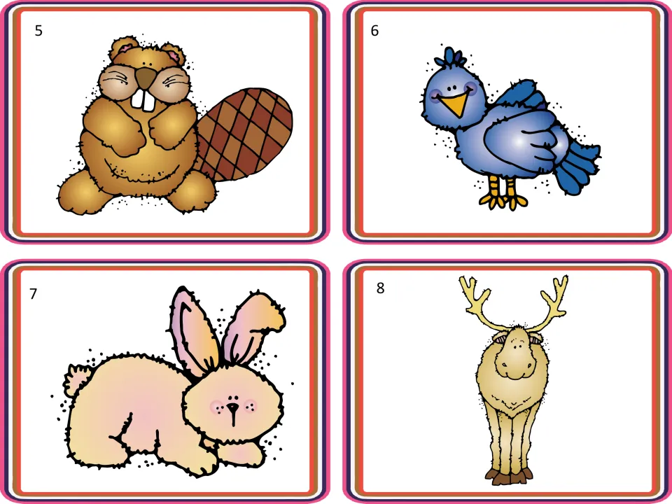 Animal picture cards 5–8 for sorting and vocabulary activities show a beaver, a bird, a rabbit, and a deer.