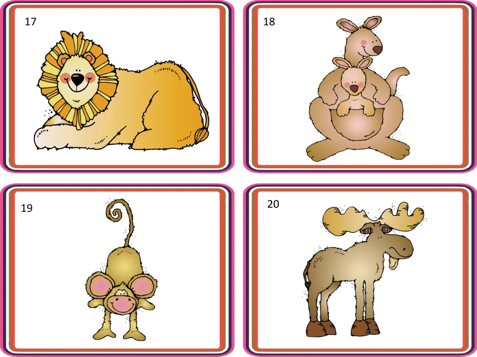 Animal picture cards 17–20 for sorting activities show a lion, a kangaroo with a joey, a monkey, and a moose.