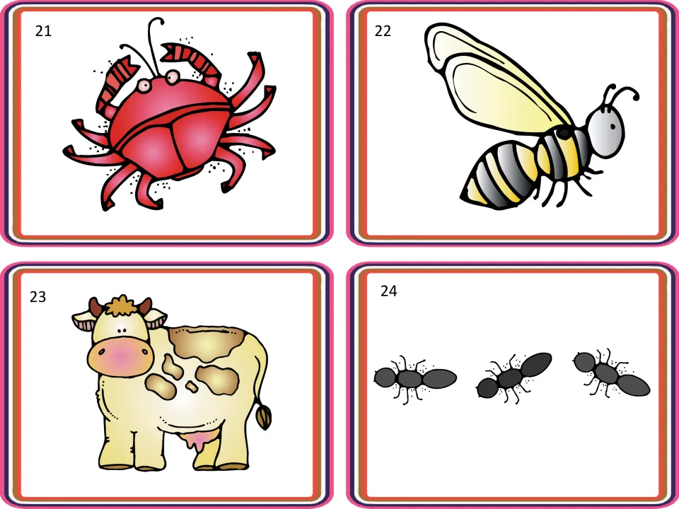 Animal picture cards 21–24 for sorting and vocabulary activities show a crab, a bee, a cow, and three ants.