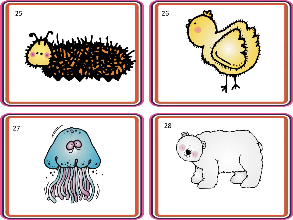 Animal picture cards 25–28 for sorting activities show a caterpillar, a chick, a jellyfish, and a polar bear.