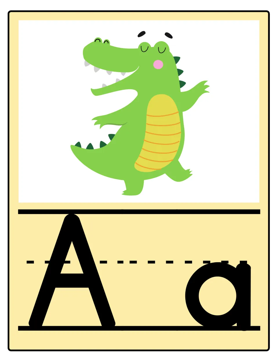 Alphabet poster 1 of 26: uppercase A and lowercase a paired with an alligator for letter and sound practice.