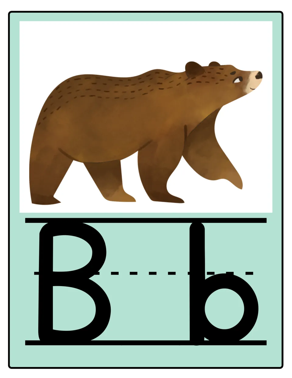 Alphabet poster 2 of 26: uppercase B and lowercase b paired with a bear for letter and sound practice.