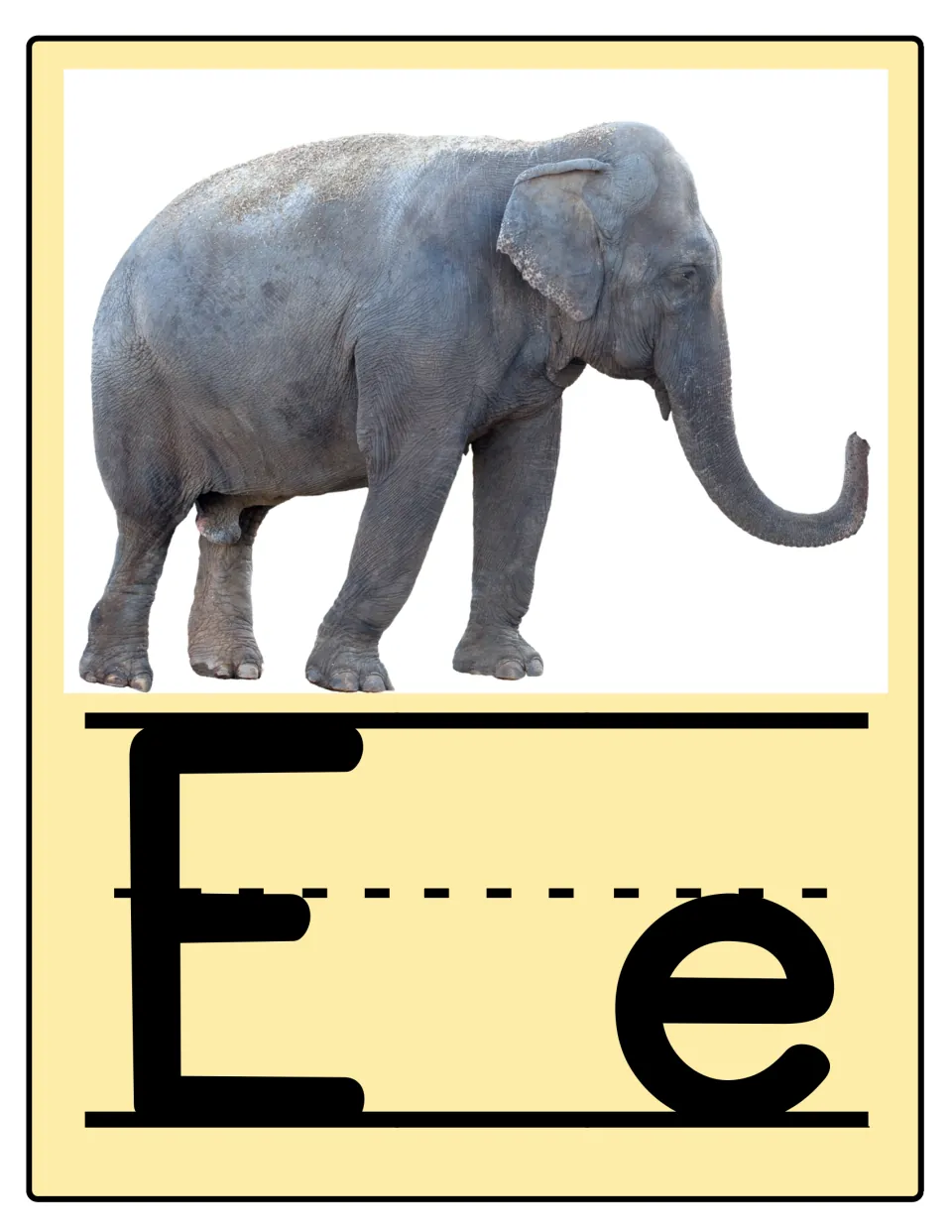 Alphabet poster 5 of 26: uppercase E and lowercase e paired with an elephant for letter and sound practice.