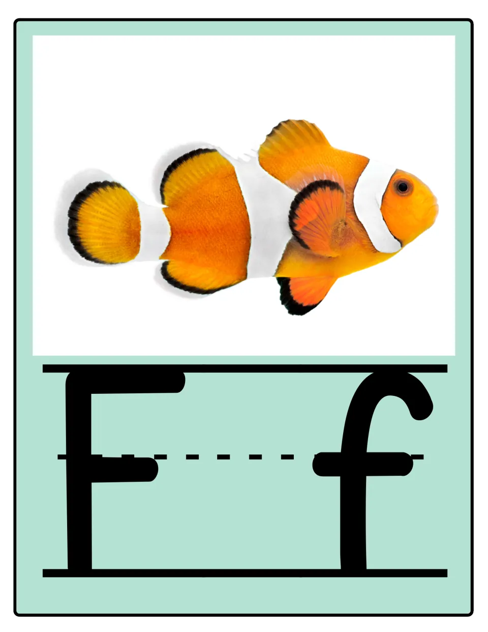 Alphabet poster 6 of 26: uppercase F and lowercase f paired with a fish for letter and sound practice.