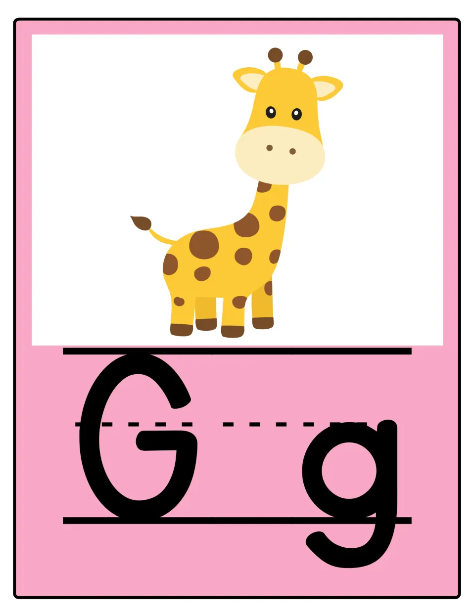 Alphabet poster 7 of 26: uppercase G and lowercase g paired with a giraffe for letter and sound practice.