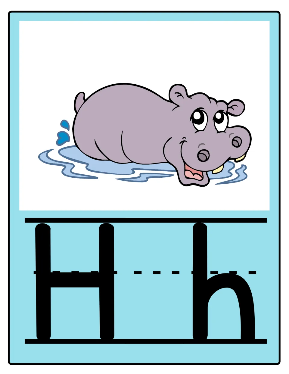 Alphabet poster 8 of 26: uppercase H and lowercase h paired with a hippo for letter and sound practice.