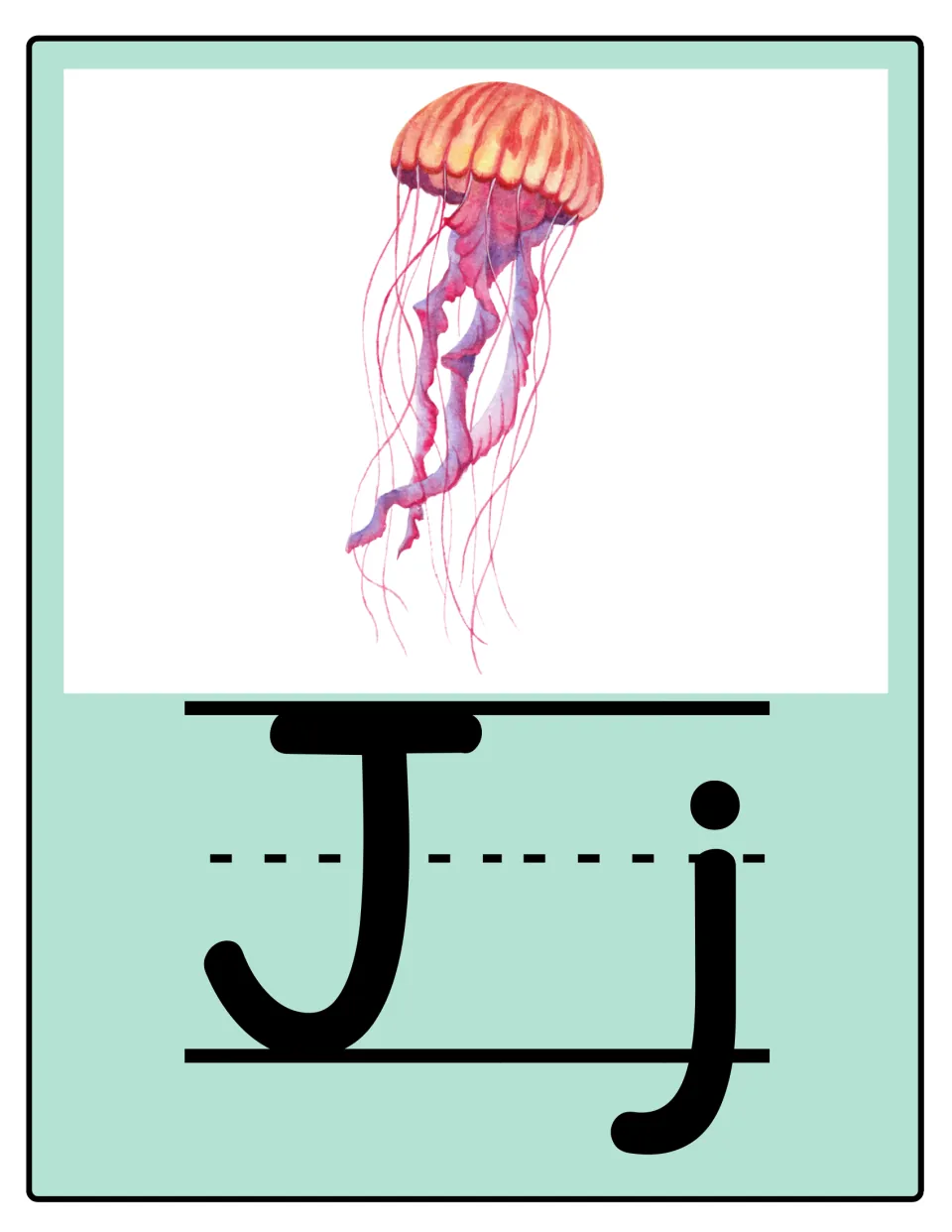 Alphabet poster 10 of 26: uppercase J and lowercase j paired with a jellyfish for letter and sound practice.
