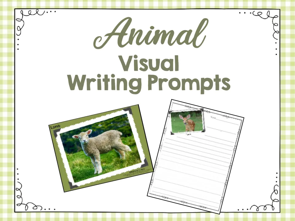 Animal Visual Writing Prompts cover showing a lamb photo card and a lined writing page topped with a photo of a fawn