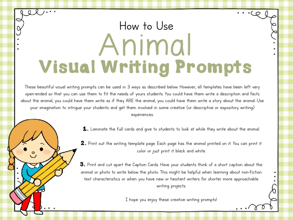 How to Use guide: three ways to use the prompts, as laminated photo cards, writing templates or cut-apart caption cards