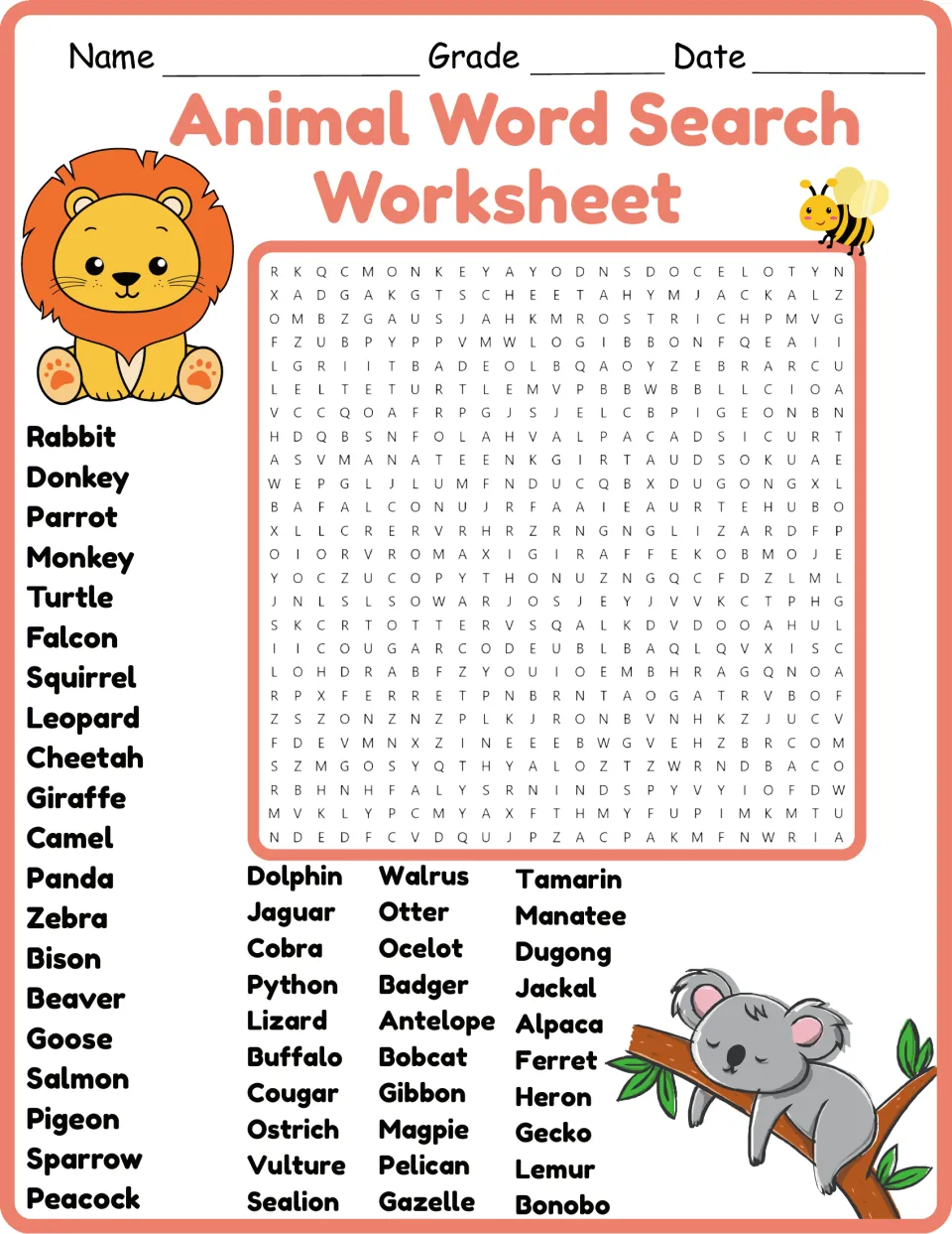 Animal word search in color: students find 50 animal names, from Rabbit and Panda to Gazelle and Bonobo, in the puzzle