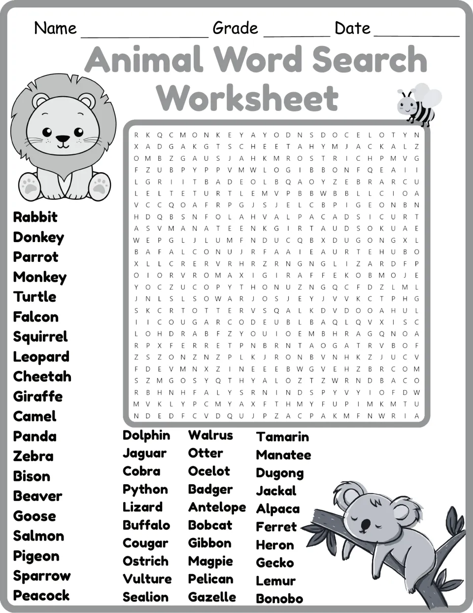 Black-and-white animal word search: students hunt for animal names like Squirrel, Ostrich and Manatee in the letter puzzle