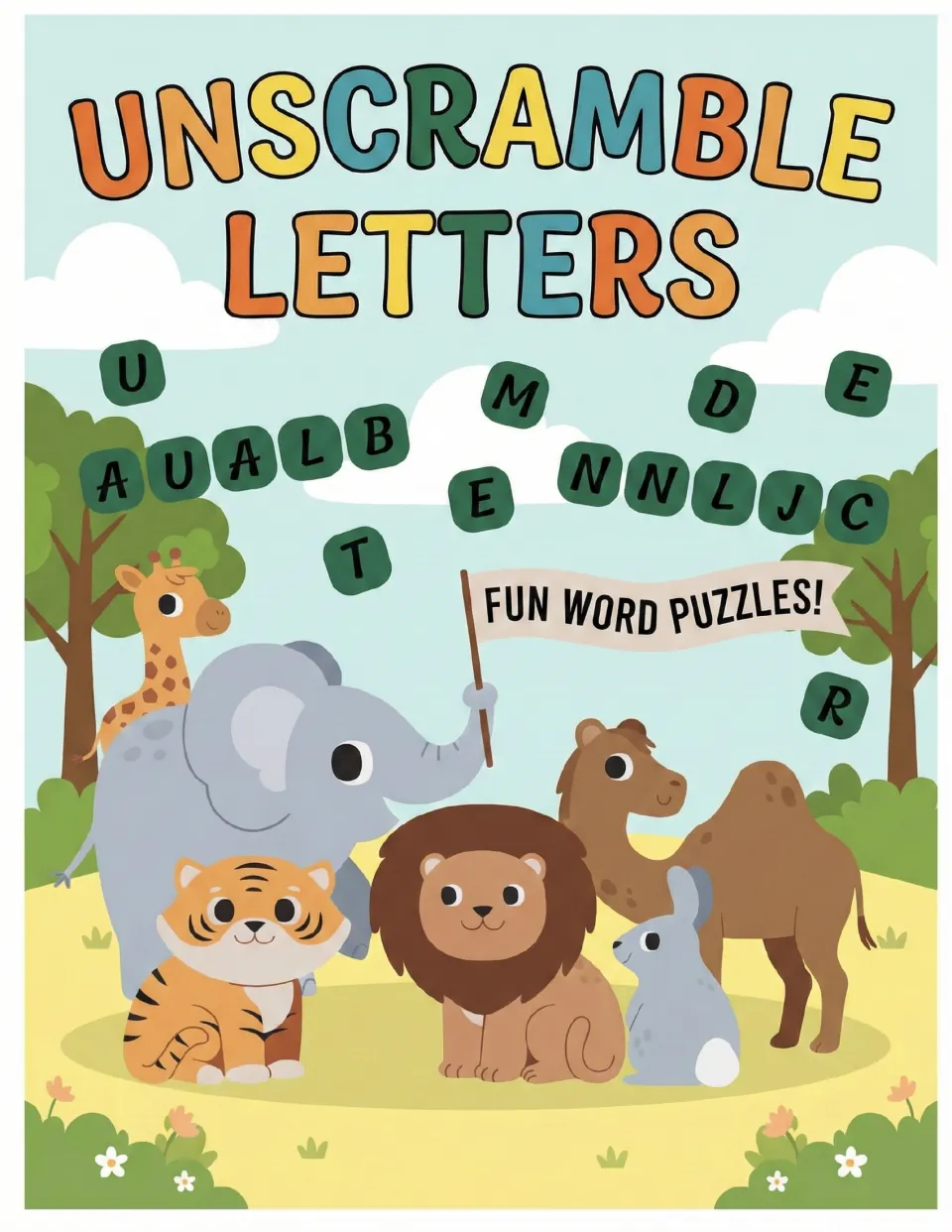 Unscramble Letters cover: Fun Word Puzzles banner over loose letter tiles and a cartoon elephant, giraffe, lion and tiger