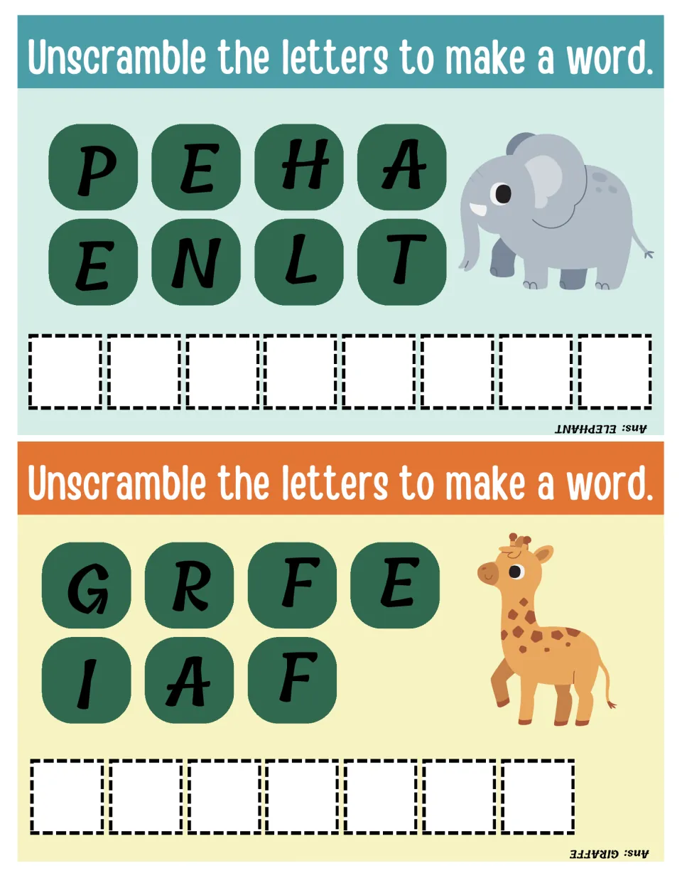 Elephant and giraffe unscramble: students reorder 8 and 7 letter tiles, using the pictures as clues to spell each name