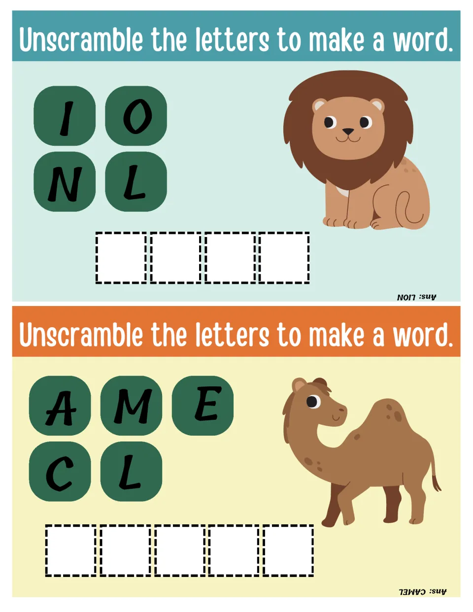 Lion and camel unscramble: students rearrange the letters I O N L and A M E C L, with a picture clue, to spell each animal