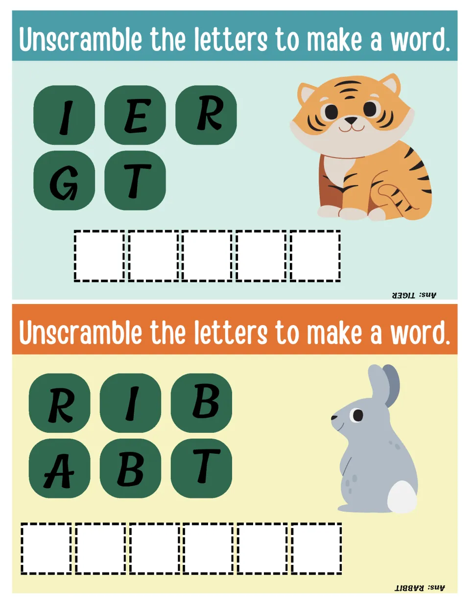 Tiger and rabbit spelling: students rearrange I E R G T and R I B A B T, guided by each animal picture, and write the word