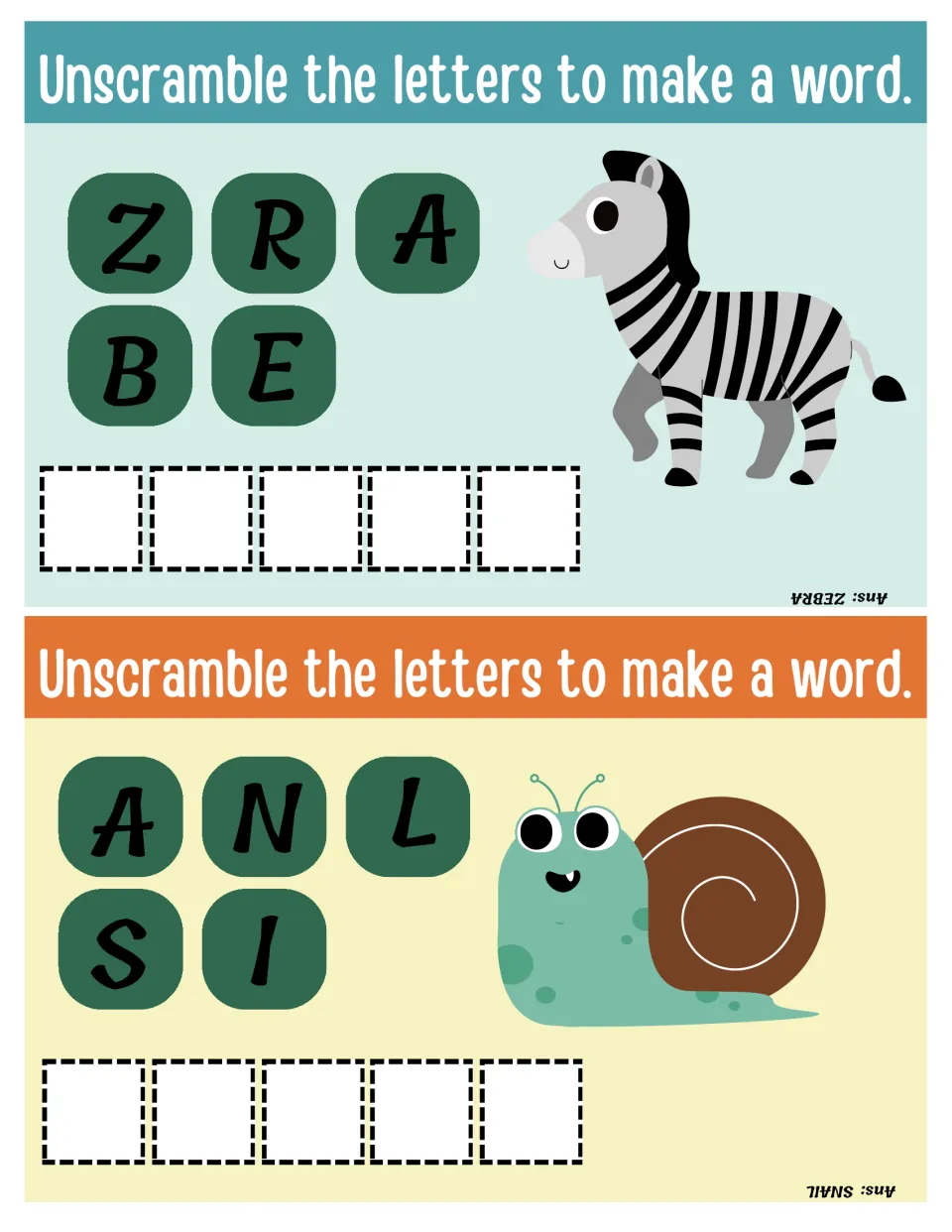 Zebra and snail word puzzles: students unscramble Z R A B E and A N L S I into animal names, one letter per write-in space