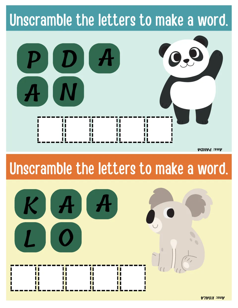 Panda and koala letter scrambles: students reorder P D A A N and K A A L O to spell each pictured animal's name