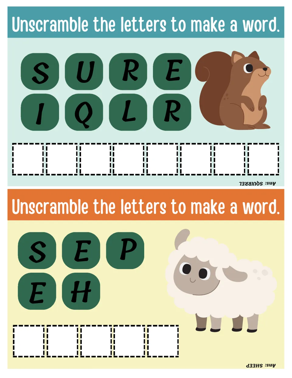 Squirrel and sheep unscramble: students rearrange S U R E I Q L R and S E P E H to spell the animal shown beside each set
