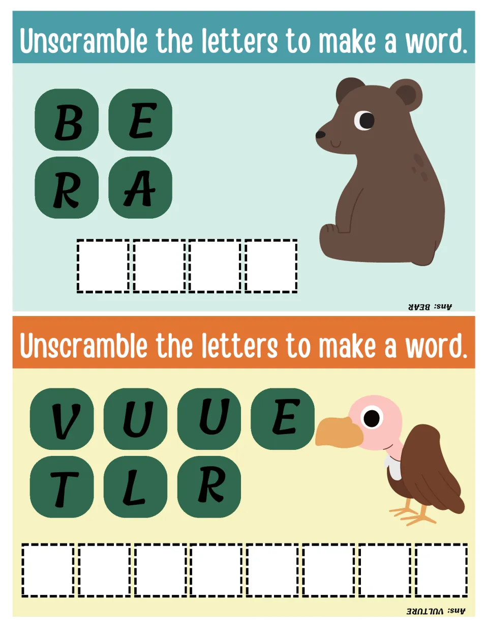 Bear and vulture spelling puzzles: students unscramble B E R A and V U U E T L R, matching each to its animal picture