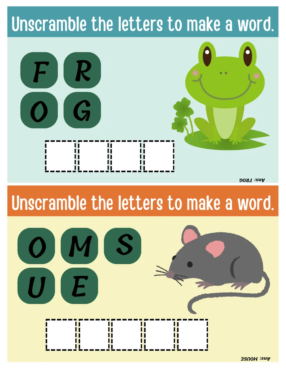 Frog and mouse unscramble: students put F R O G and O M S U E in order to name the frog on a lily pad and the gray mouse