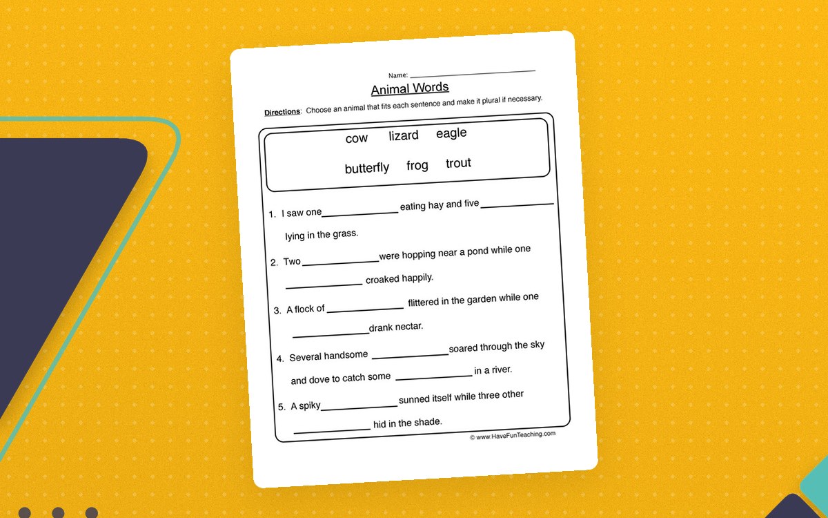 Animal Words Singular Plural Worksheet preview: Six-animal word bank