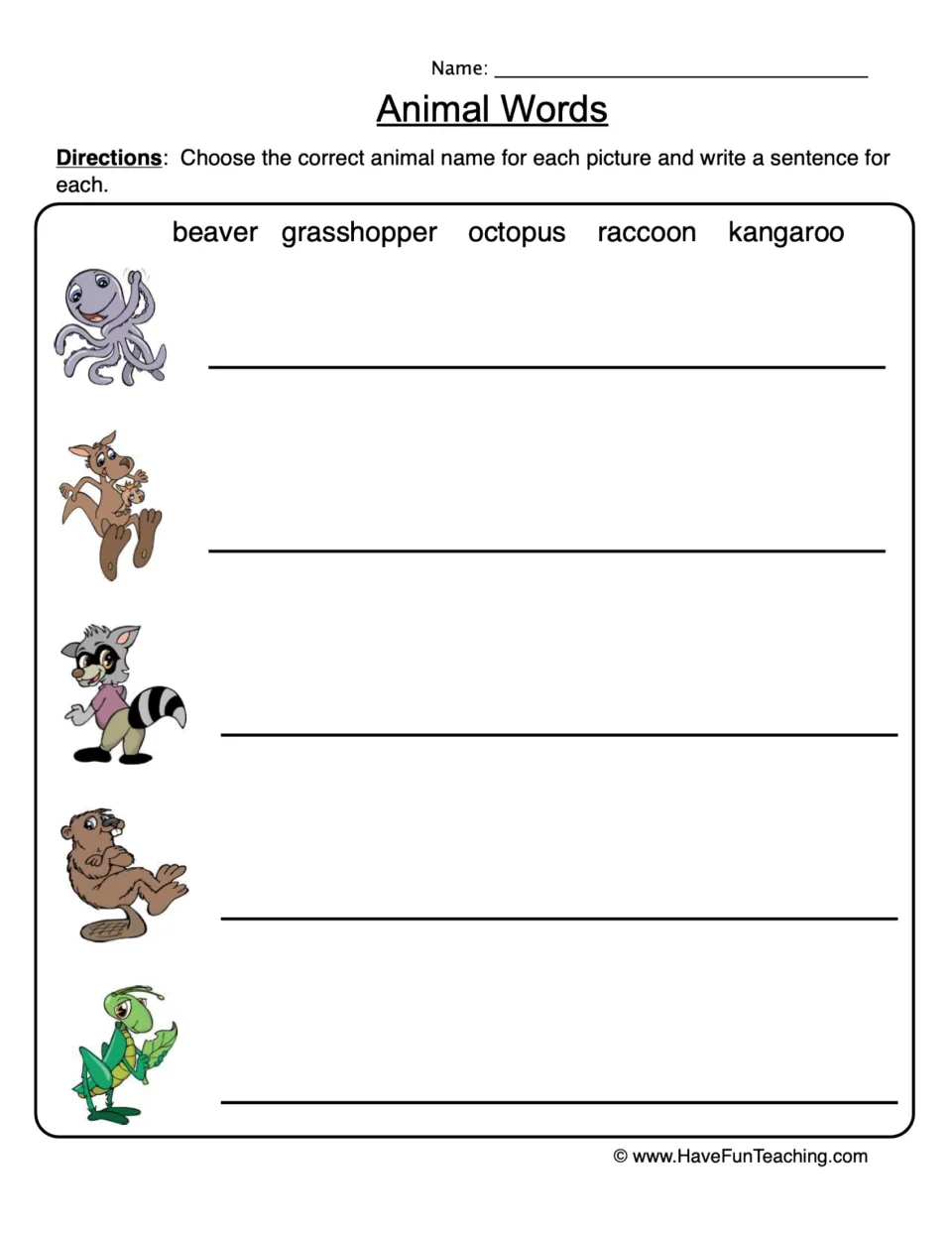 Animal Words: students match 5 animals to names in a word bank, such as octopus and kangaroo, then write a sentence