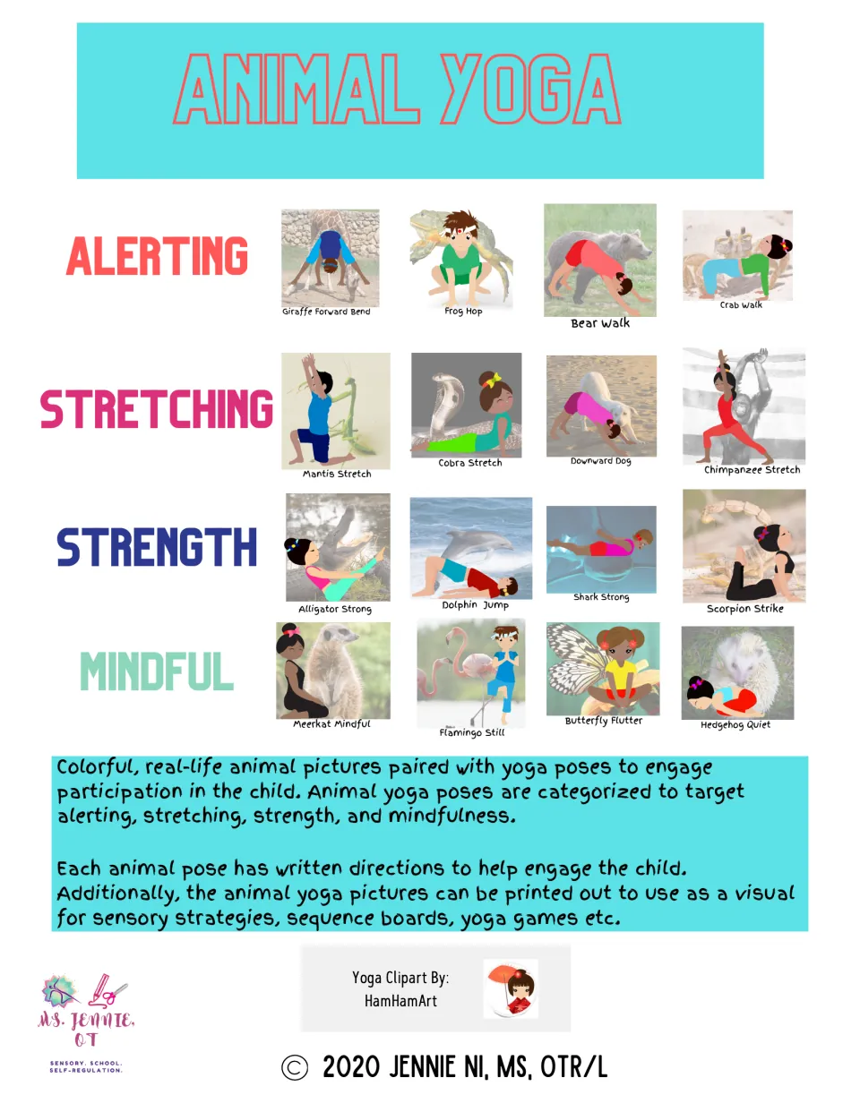 Cover introducing 16 animal-themed yoga poses grouped by alerting, stretching, strength, and mindfulness
