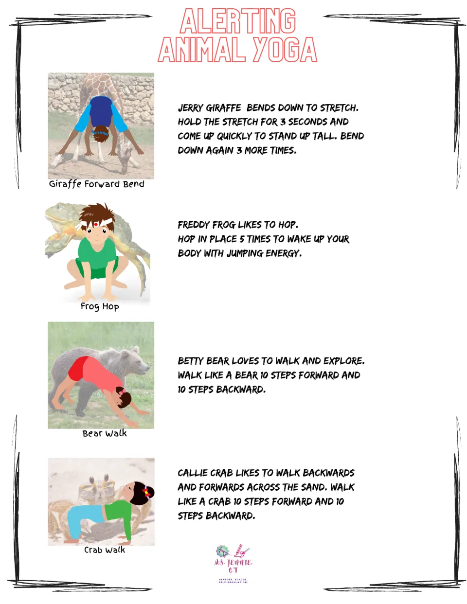 Alerting pose instructions for Giraffe Forward Bend, Frog Hop, Bear Walk, and Crab Walk, with movement counts