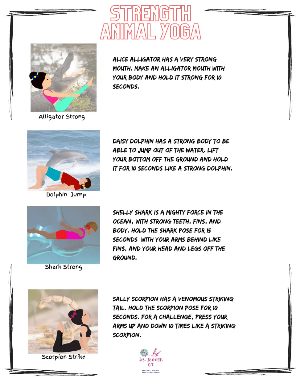 Strength pose instructions for Alligator Strong, Dolphin Jump, Shark Strong, and Scorpion Strike