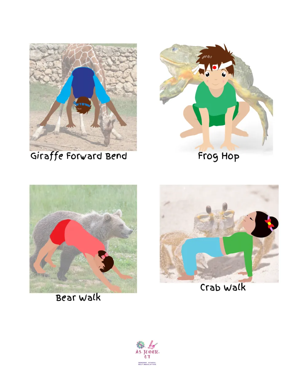 Alerting yoga picture sheet showing Giraffe Forward Bend, Frog Hop, Bear Walk, and Crab Walk poses