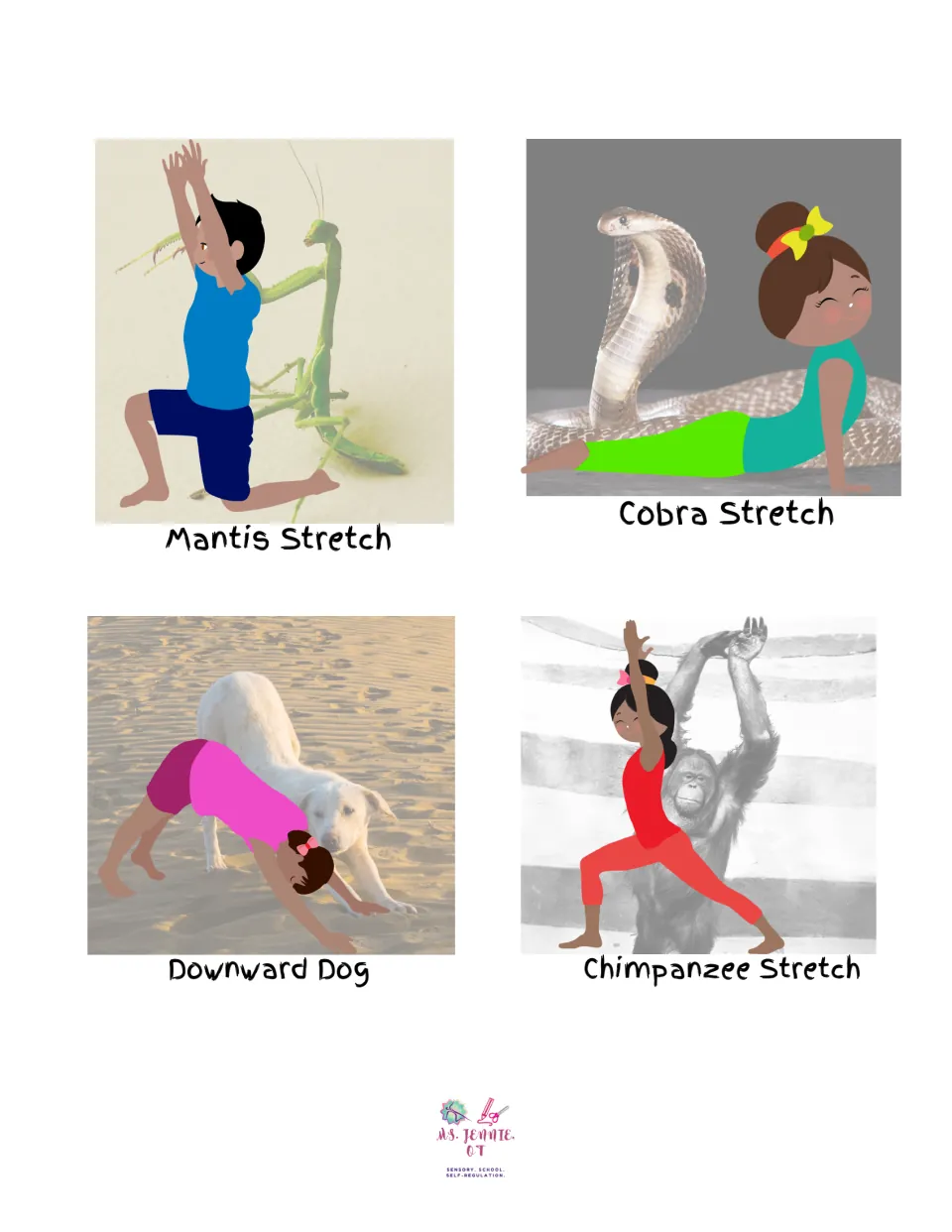 Stretching yoga picture sheet showing Mantis Stretch, Cobra Stretch, Downward Dog, and Chimpanzee Stretch