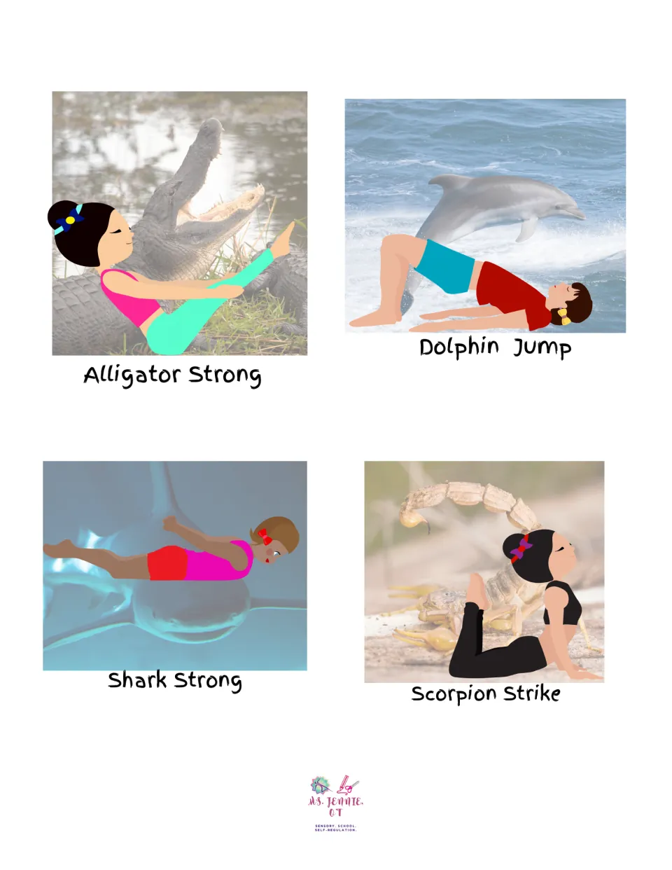 Strength yoga picture sheet showing Alligator Strong, Dolphin Jump, Shark Strong, and Scorpion Strike