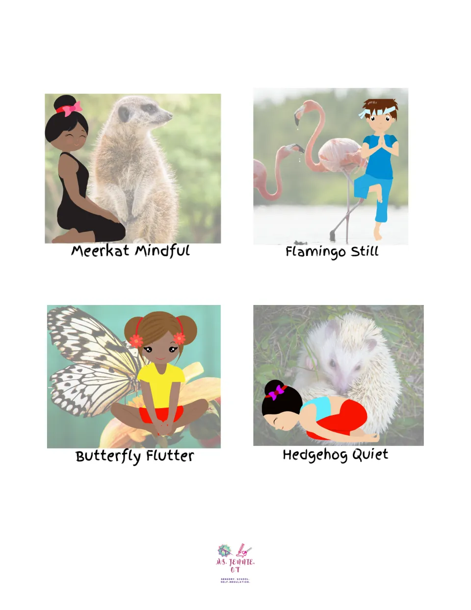 Mindful yoga picture sheet showing Meerkat Mindful, Flamingo Still, Butterfly Flutter, and Hedgehog Quiet