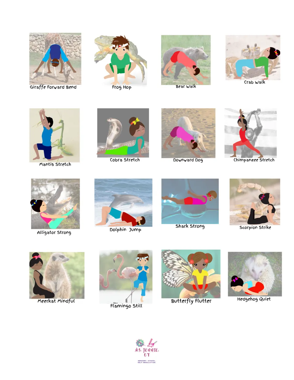 Combined yoga picture sheet showing all 16 labeled poses, including Frog Hop, Cobra Stretch, and Shark Strong