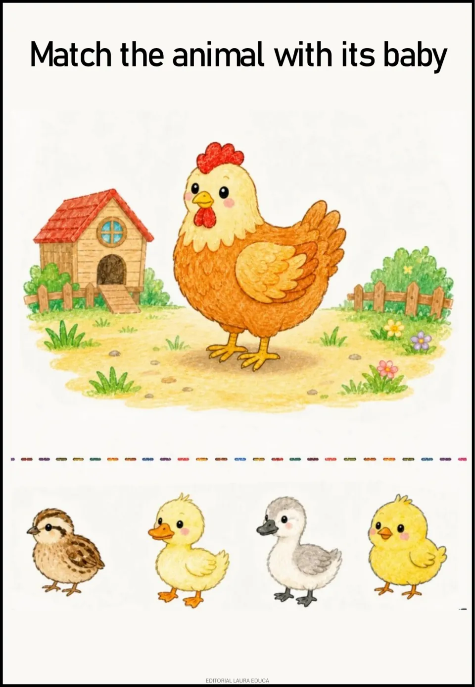 Animal-and-baby matching activity: a hen and four baby bird choices, including a yellow chick and duckling