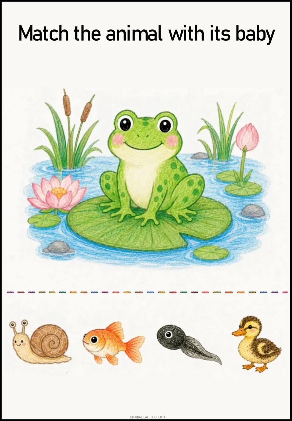 Animal-and-baby matching activity: a frog with four picture choices showing a snail, fish, tadpole, and duckling
