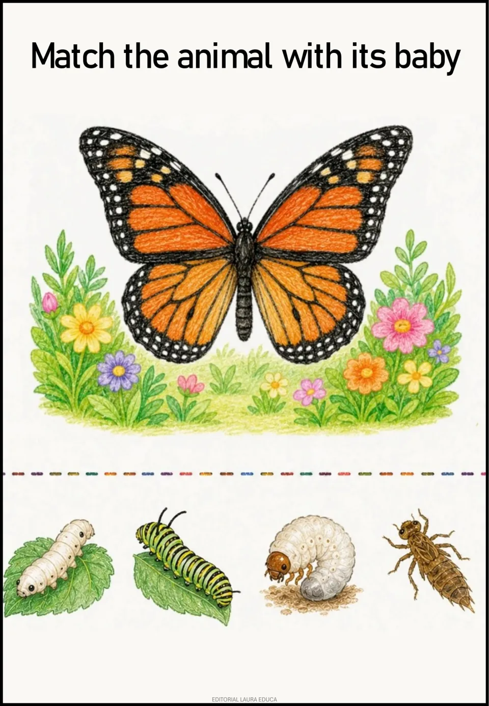 Animal-and-baby matching activity: an orange-and-black butterfly and four choices, including a striped caterpillar
