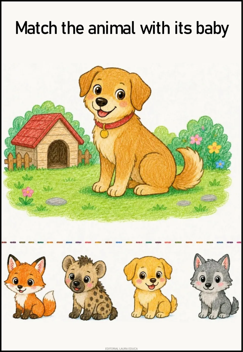 Animal-and-baby matching activity: a dog and four baby animal choices, including a fox, hyena, and puppy