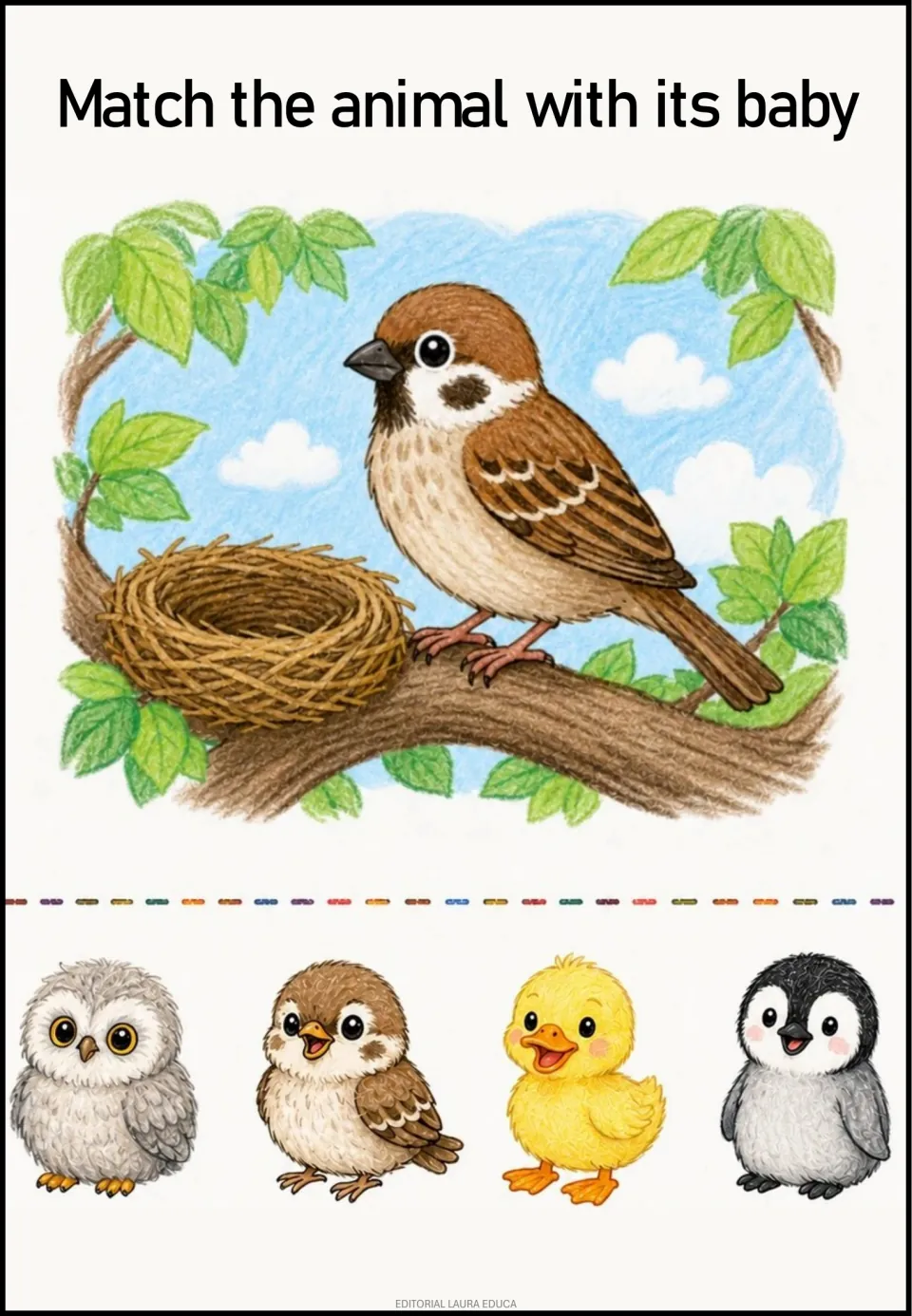 Animal-and-baby matching activity: a sparrow and four choices showing an owlet, young sparrow, duckling, and penguin