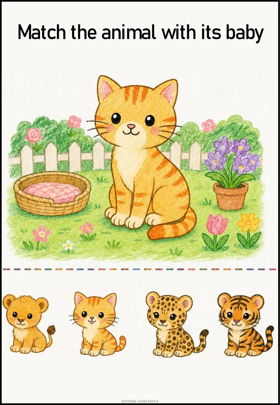 Animal-and-baby matching activity: an orange cat and four choices showing a lion cub, kitten, and two other cubs