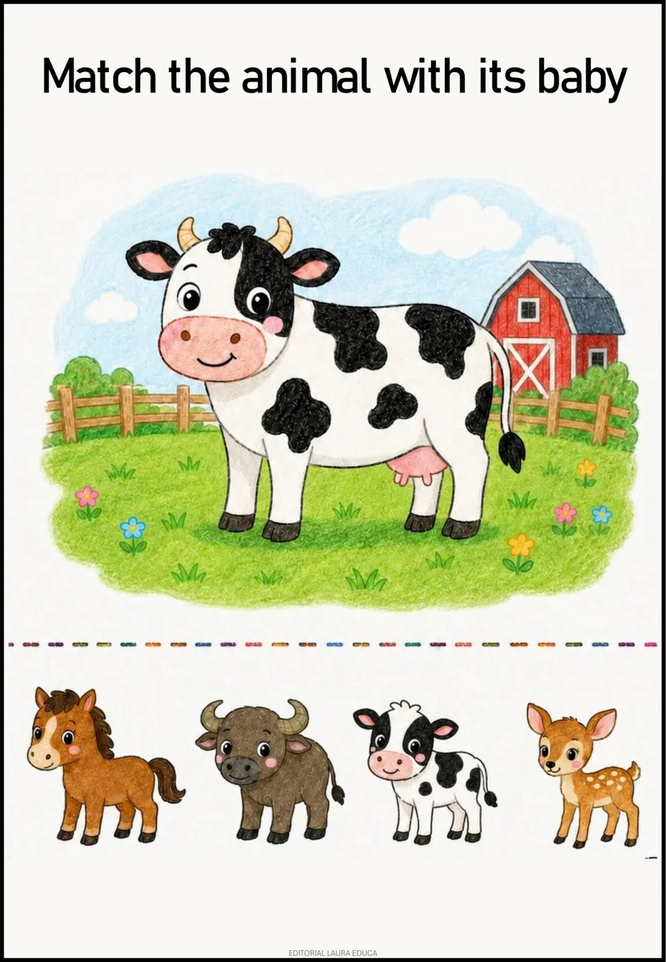 Animal-and-baby matching activity: a black-and-white cow and four choices, including a foal, calf, and fawn