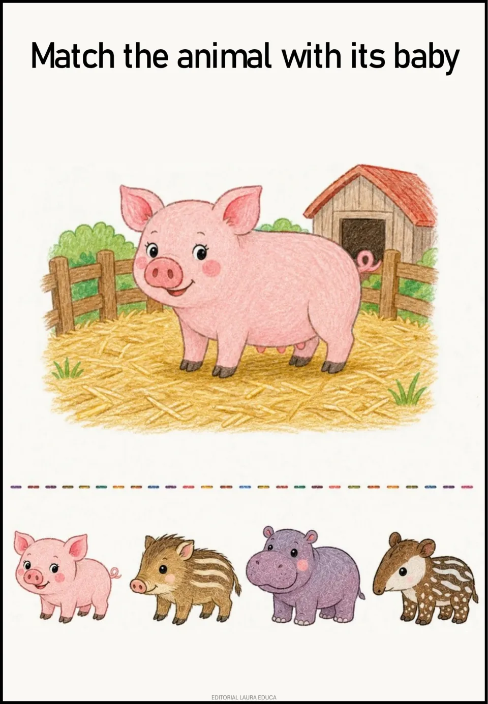 Animal-and-baby matching activity: a pink pig and four choices showing a piglet, young boar, hippo, and tapir
