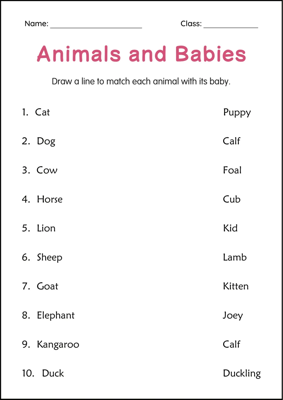 Animals and Babies matching: students draw a line from 10 animals, such as cat, horse and kangaroo, to baby names like joey