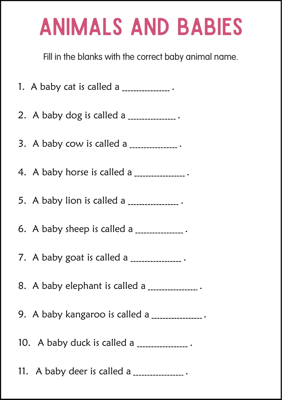 Baby animal names fill-in: students complete 11 sentences such as 'A baby deer is called a ___' using baby names