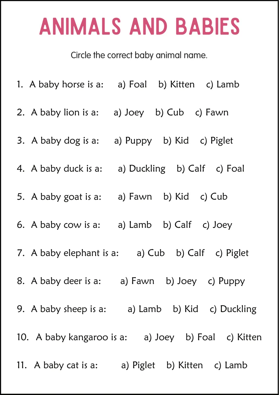 Baby animal multiple choice: students circle the right name from three options for 11 animals, e.g. foal, kitten or lamb