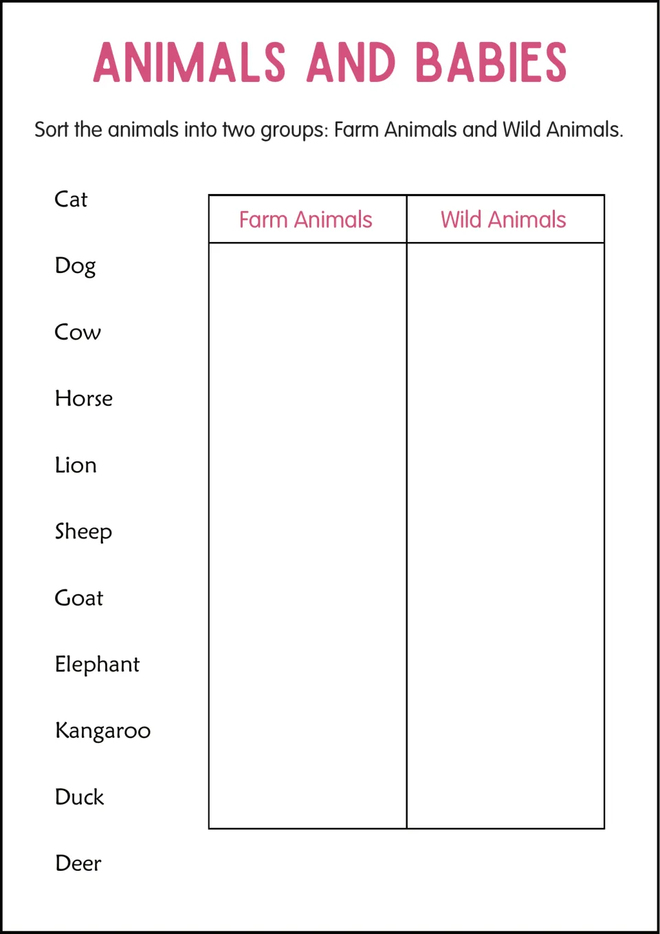 Farm vs. wild sort: students classify 11 animals, including cow, lion, kangaroo and deer, under Farm or Wild Animals