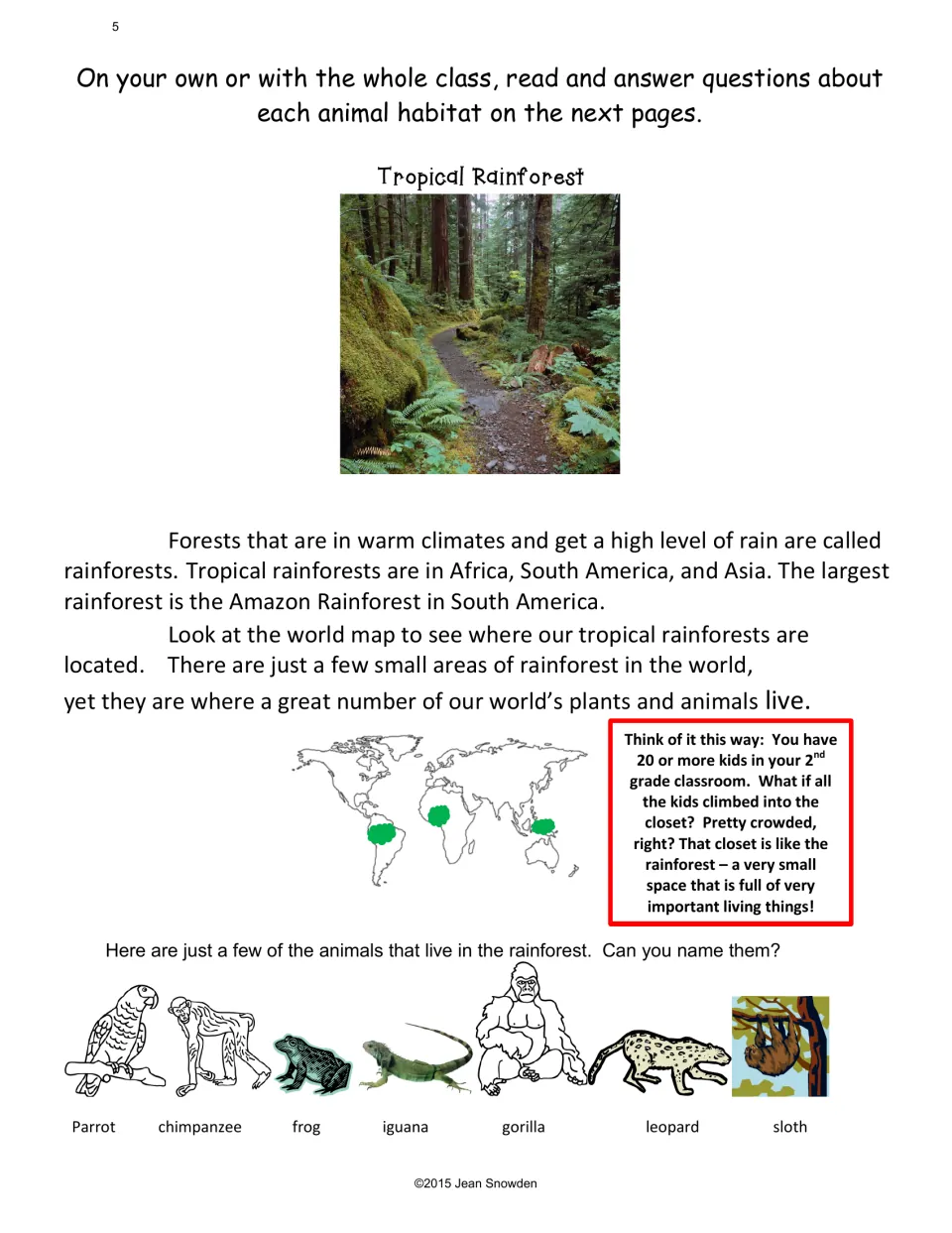 Tropical rainforest reading with a world map of rainforests; students name pictured animals such as a parrot and sloth